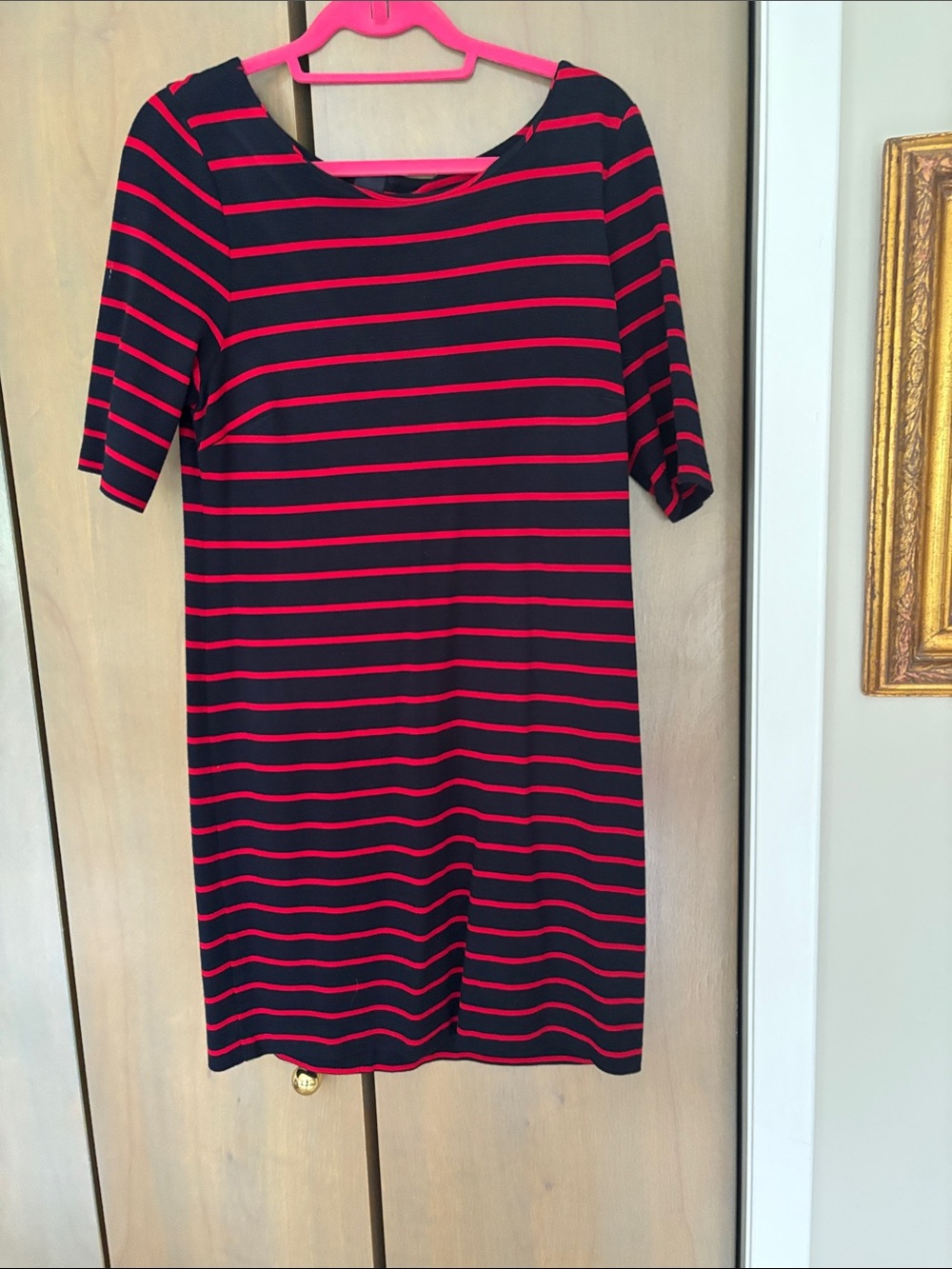 Navy Blue & Red Striped Women’s Shift Dress